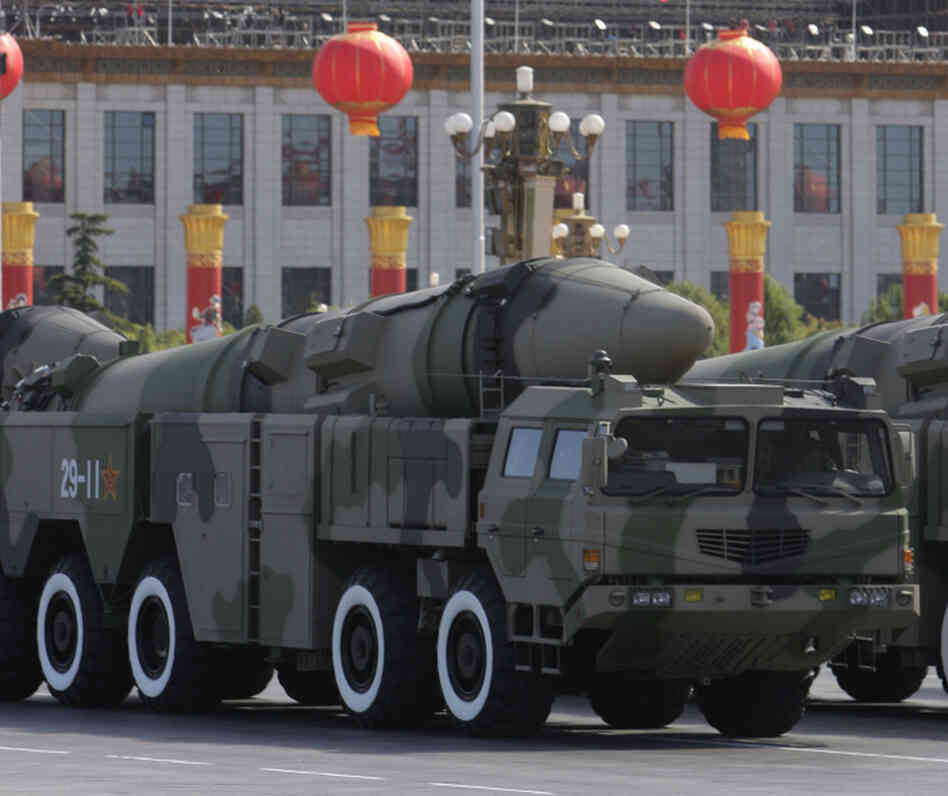 Chinese military vehicles carry the Dong Feng 21D "carrier killer" missile during a military parade in Beijing on Oct. 1, 2009. The missile under development is designed to be launched from land to hit a carrier hundreds of miles away. "Though still unproven (and some analysts say overrated) no other country has such a weapon," reports The Associated Press. Chinese military vehicles carry the Dong Feng 21D "carrier killer" missile during a military parade in Beijing on Oct. 1, 2009. The missile under development is designed to be launched from land to hit a carrier hundreds of miles away. "Though still unproven (and some analysts say overrated) no other country has such a weapon," reports The Associated Press.